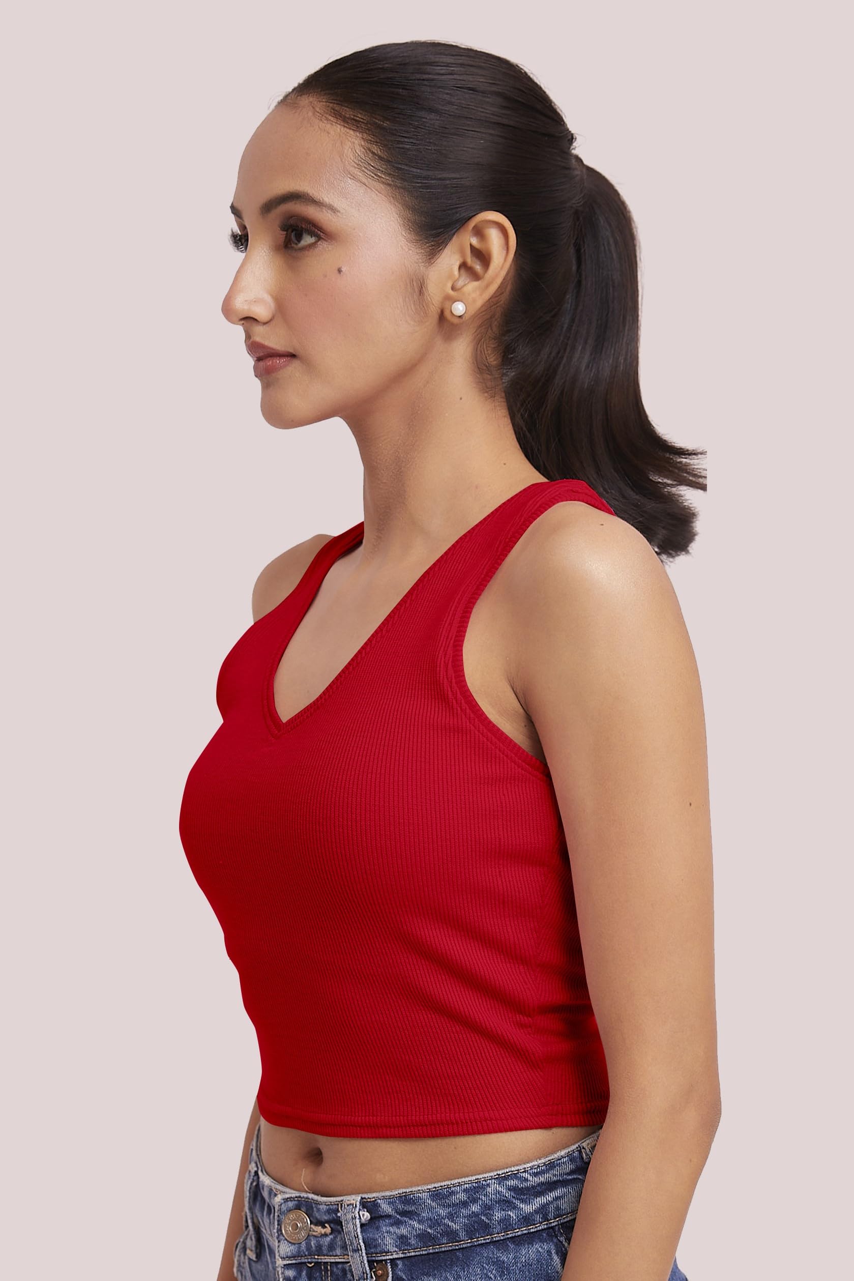 BERRY BIRD® Sleeveless V- Neck Slim Fit Ribbed Knit Tank Crop Tops for Women & Girls Casual Beach and Gym Wear and Western Trendy Fashion Red 1