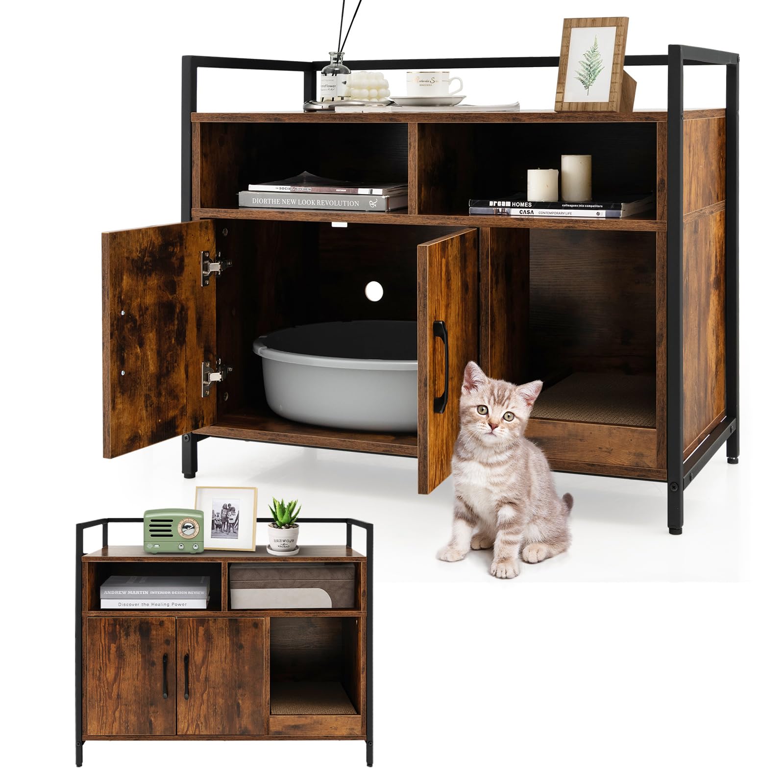 COSTWAY Meuble Litiere Chat en Bois, Meuble Cache Litiere Double Porte 2 en 1, Planche à Griffer Amovible, Cadre en Métal, 1 Passe-Câble, 2 Compartiments, Maison de Toilette Chat, Café
