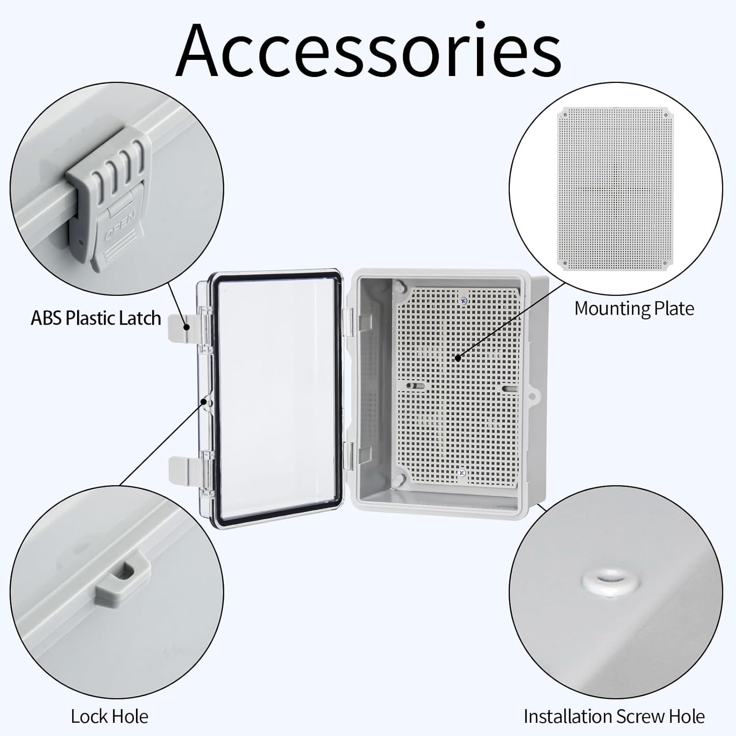 Waterproof Electrical Junction Box Outdoor ABS Plastic Electrical Box with Latch with Mounting Plate Clear 8.6"x6.6"x4.3"