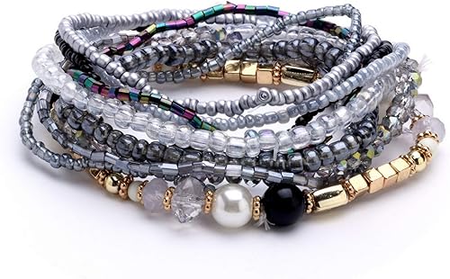 Vista 5 de MengPa Pulseras apilables con cuentas para mujer, joyería bohemia con capas