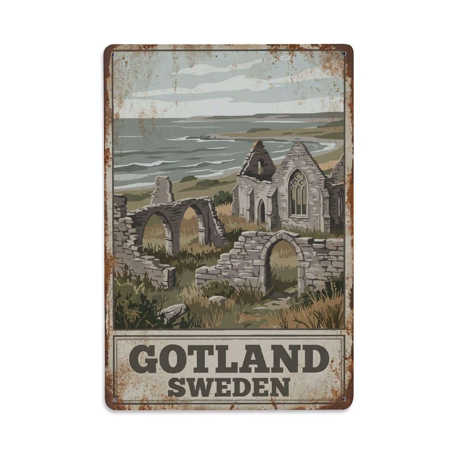 Vintage Travel Gotland Sweden Ruins Metal Tin Sign