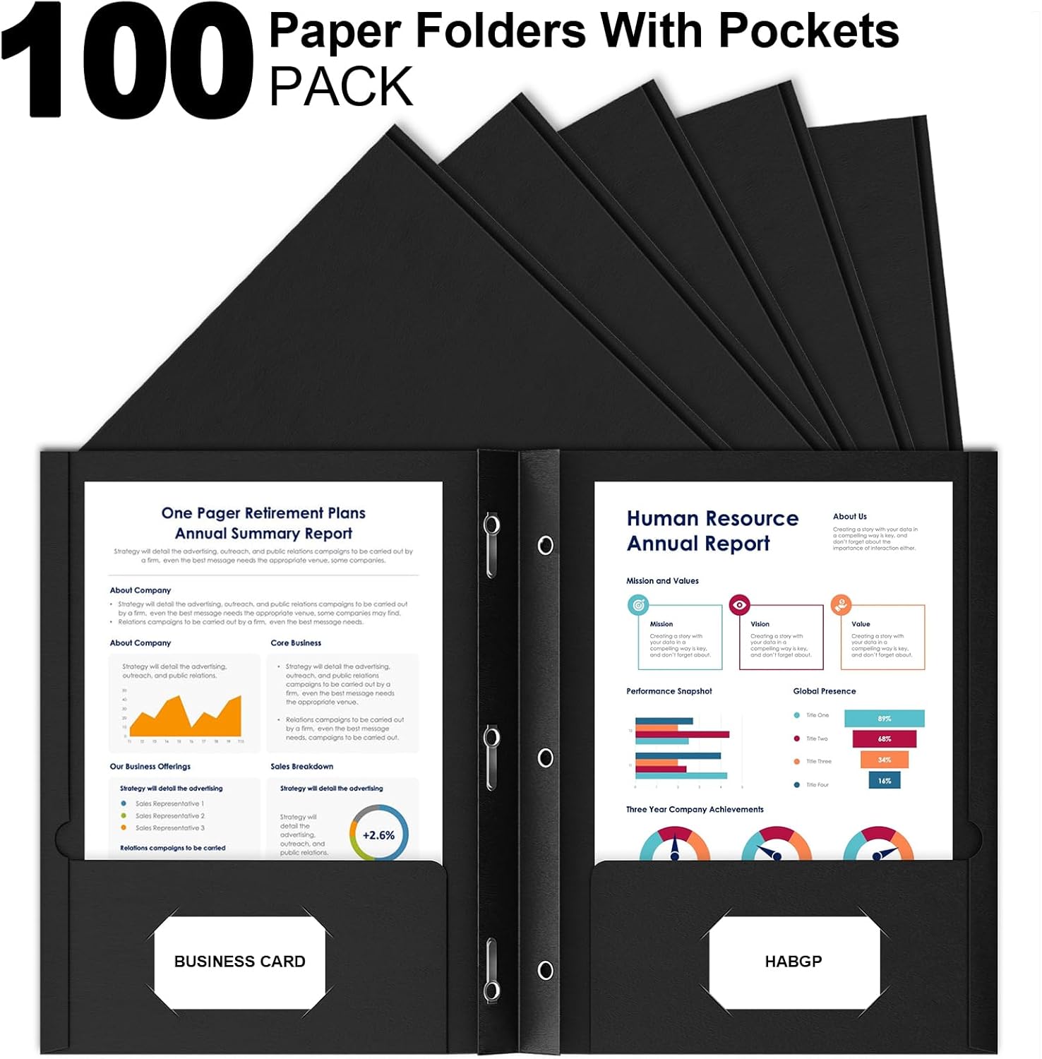 HABGP 100 Pack Black Two Pocket Folder with Prongs, Paper Folders with Pockets and Business Card Holder, Folders with Pocket Fit Letter Size, Organizing Papers in School, Office & Business Black