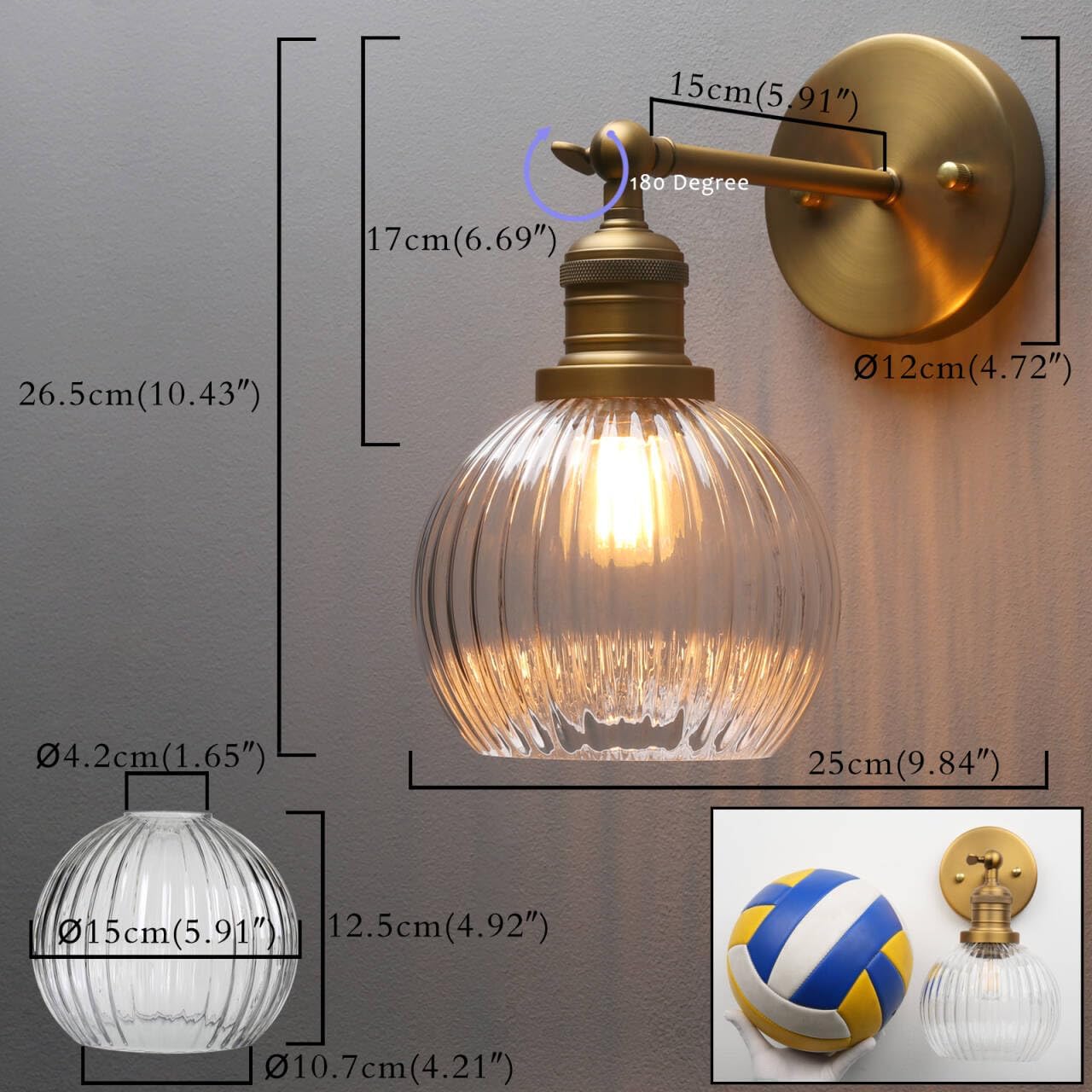 PERMO Antique Wall Sconces with Clear Ribbed Globe Glass Shade Vintage Gold Sconce Indoor Wall Mount Light Fixture for Loft Kitchen Living Room