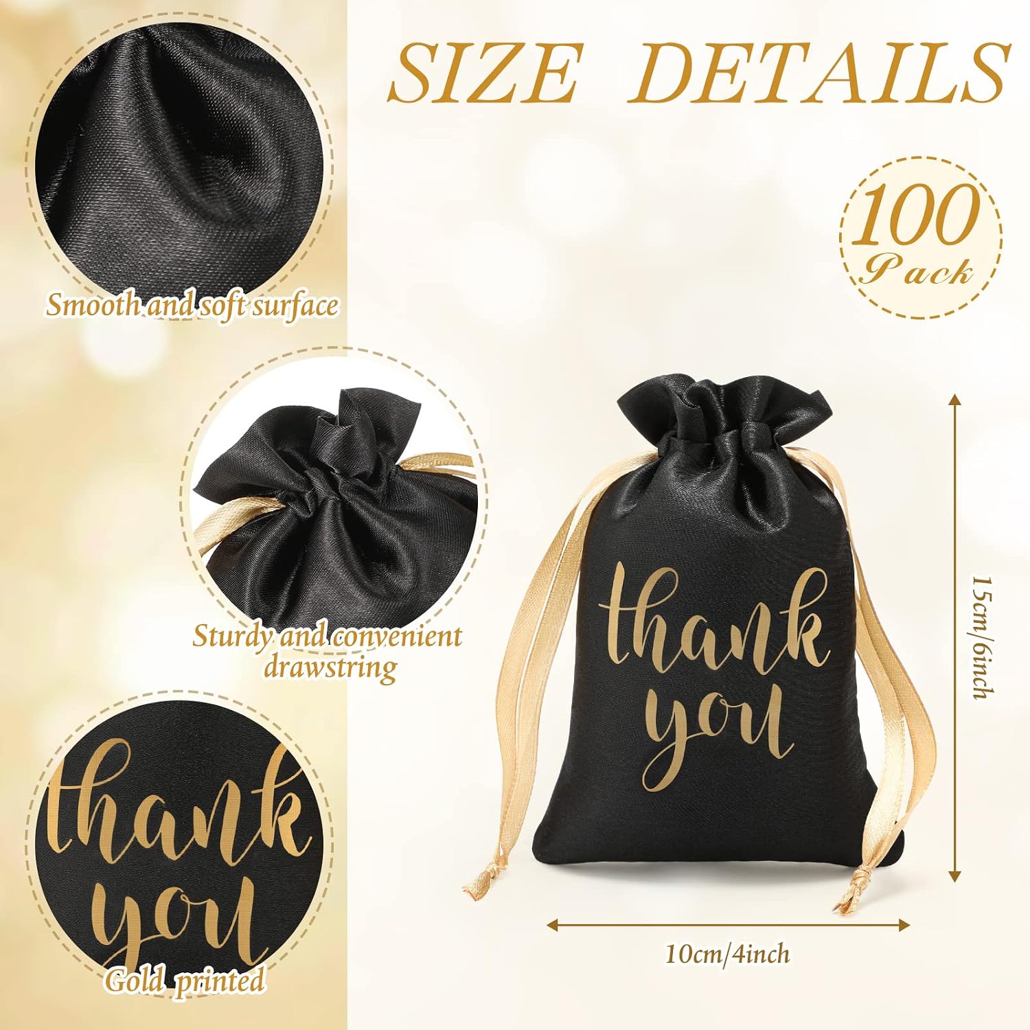 Roowest 100 Pcs Thank You Satin Gift Bags Drawstring Jewelry Candy Pouches for Wedding Bridal Shower Baby Shower Favor Drawstring Bag for Birthday Holiday Party(4 x 6 Inch,Black)