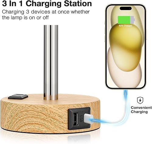 Vista 150 de Fenmzee Juego de lámparas de mesa pequeñas táctiles regulables de 2 a 3 vías, carga USB A + C, salida de CA, base de grano de madera, bombillas