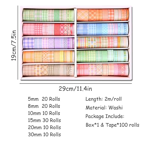 Miniatura 2 de Juego de cinta Washi de celosía, 100 rollos de cinta adhesiva, 581015201.181 in de ancho, 6.56 pies de largorollo de cinta decorativa estética,