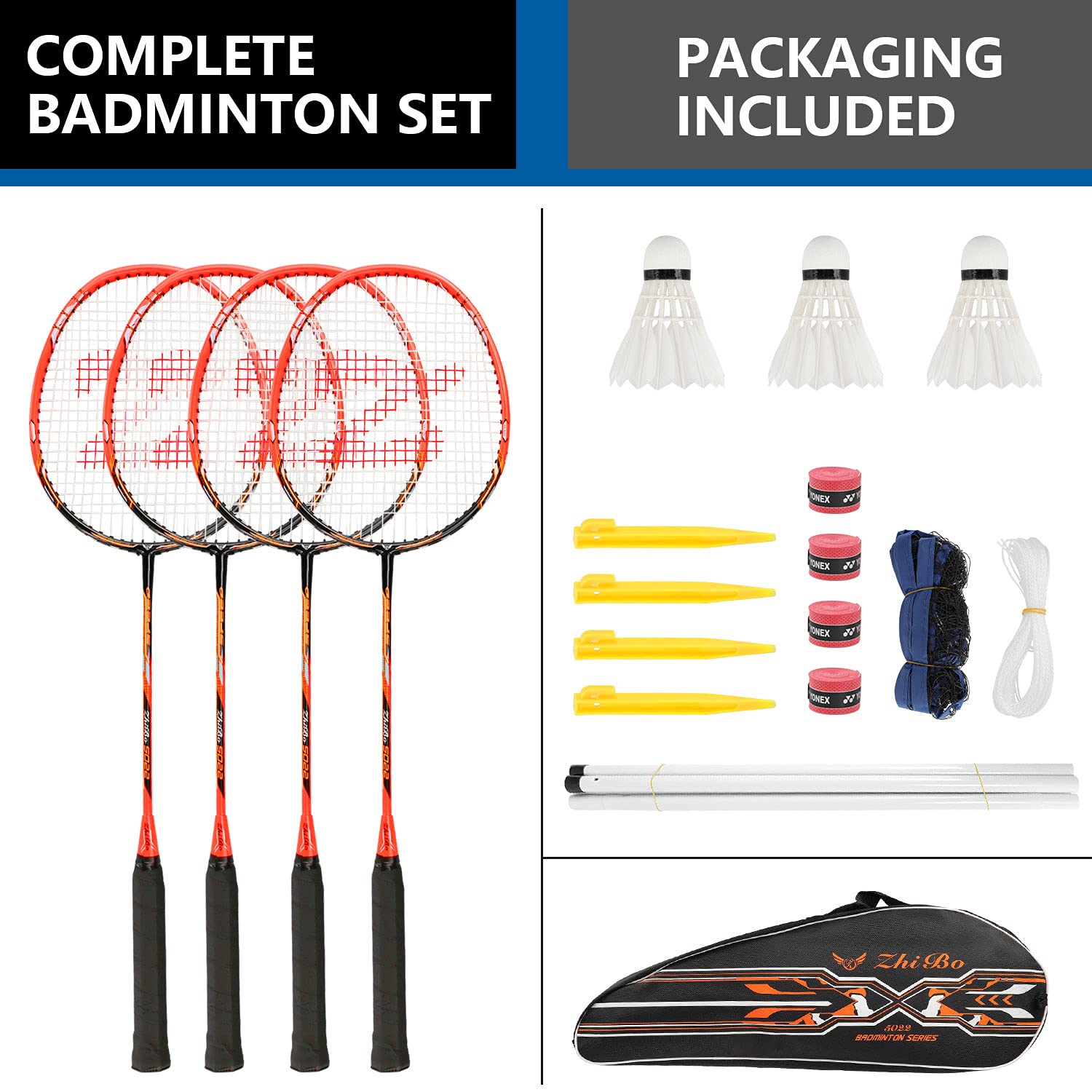 Set Completo Badminton Fostoy - 4 Racchette Carbonio, 3 Volani, Rete E Overgrip Per Adulti - Foto 7