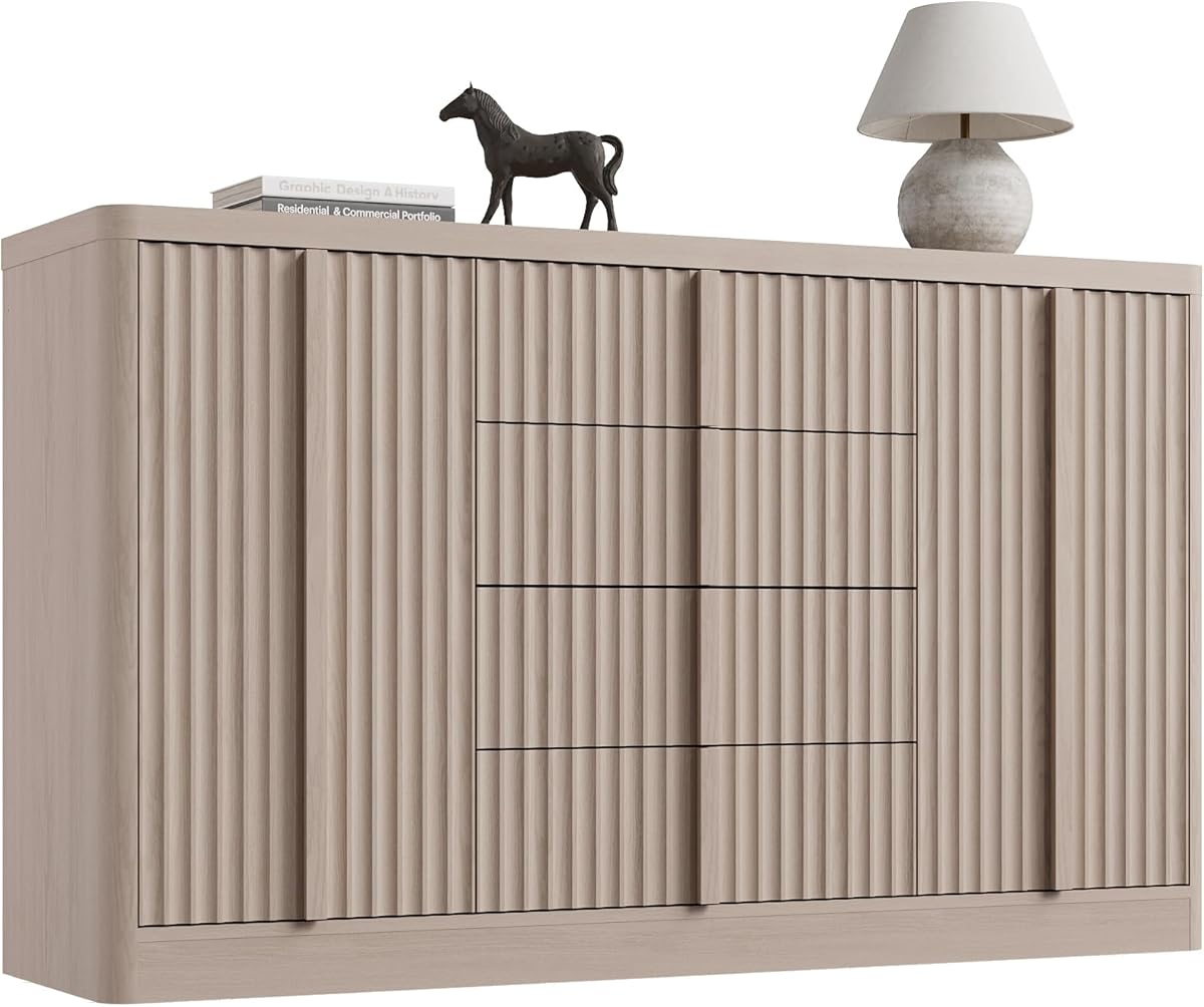 Buffet Cabinet with Storage, 60" Fluted Coffee Bar Cabinet with 4 Drawers & 2 Doors, Solid Wood Handle, Credenza Accent Storage Cabinet for Kitchen Living Room, Hallway, White Alder(1PCS)