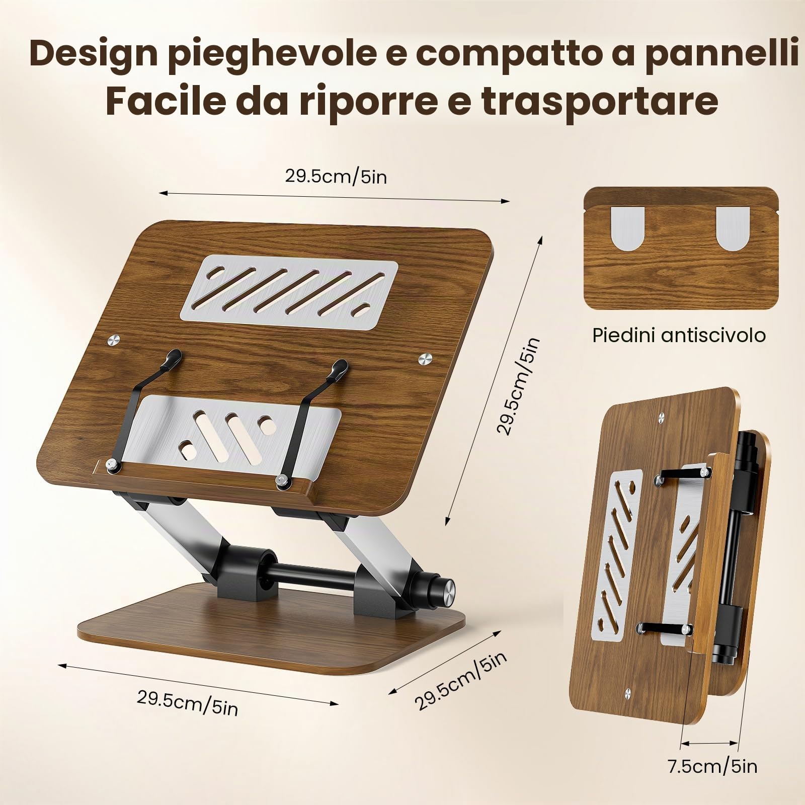 supporto per libri di lettura regolabile in legno, flessibile pieghevole a 180° per libri di cucina con clip di pagina