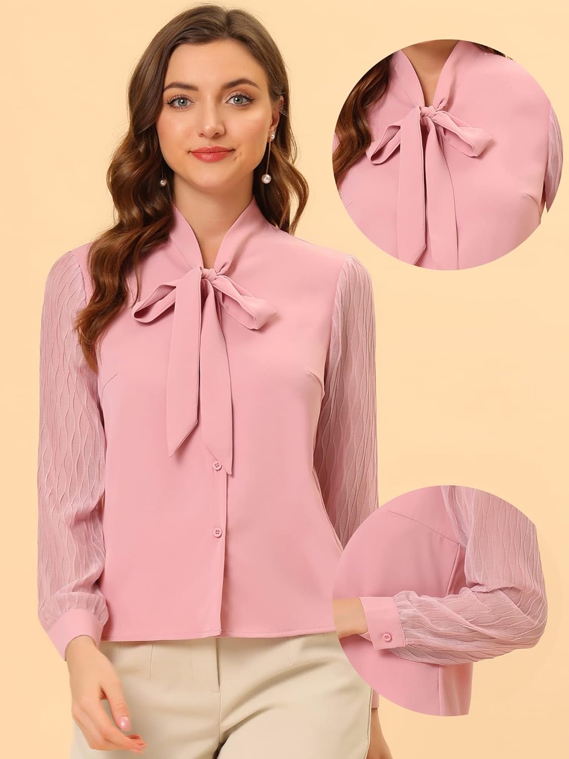 Allegra K Work Blouse for Women's Self Tie Neck Chiffon Button Up Long Sleeve Shirt - Image 2