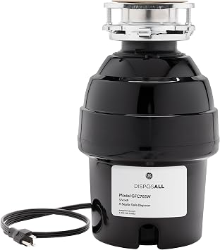 GE Disposall Continuous Feed 3/4 HP Motor Garbage Disposer, Good for Grinding: Vegetable Peels & Small Bones, Universal 3 Bolt Install & Power Cord Included, Recommended for 2-4 Person Homes, GFC765W
