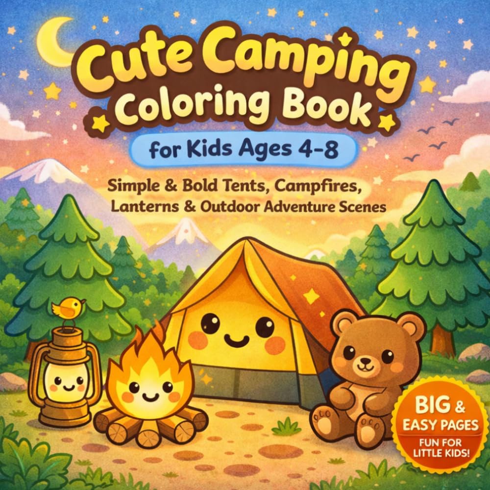 Cute Camping Coloring Book for Kids Ages 4–8: Simple & Bold Camping Scenes with Tents, Campfires, Lanterns & Outdoor Adventures