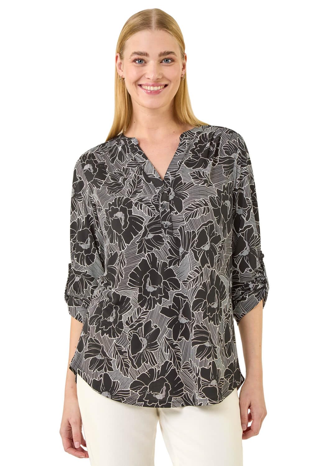 Roman Originals Women's Puff Black Roman Shirt For Uk Top Collarless Blouse Stretchy Tunic Smart Casual Autumn Winter Jersey 3/4 Length Sleeve Notch V Neck Flattering Office Work - Size 16