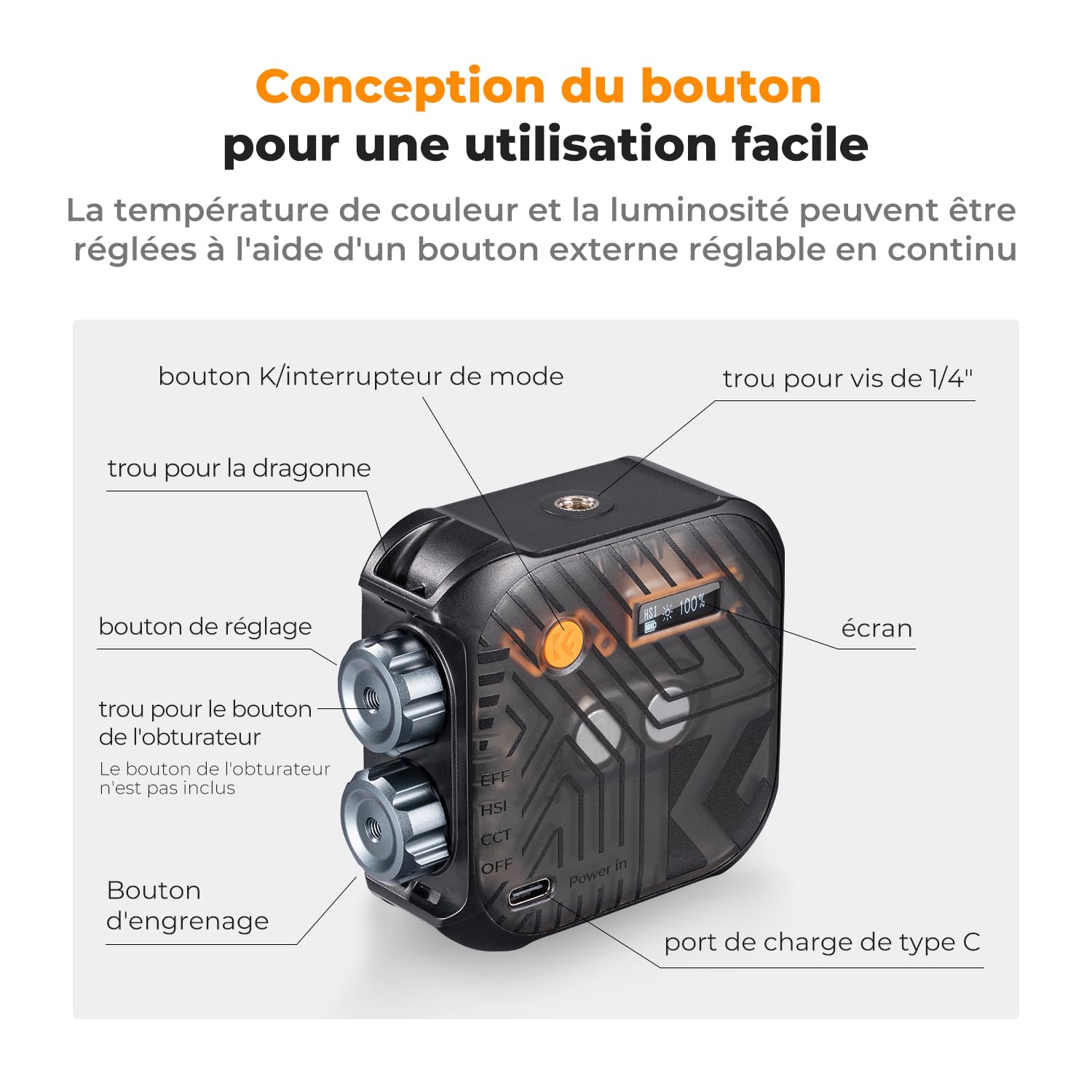K&F CONCEPT Lampe Vidéo RGB, Lampe Photo Portable à 360°, 21 Effets Lumineux, 2500K-9900K CRI 96+, pour Vlogging,Selfie,Photographie Main à la Main,Noir