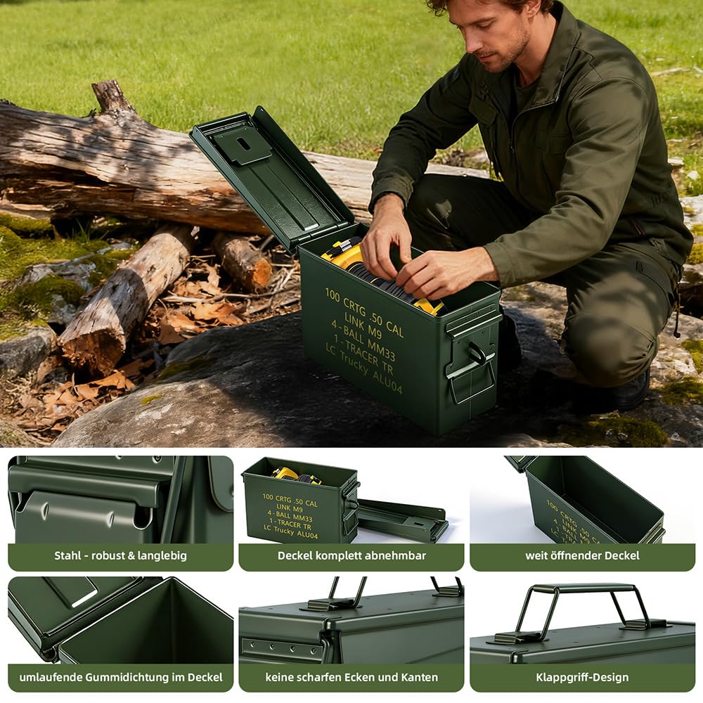 Trucky Munitionsbox Ammo Box 28x10x18 cm Metallkiste Munitionskiste Metallbox Aufbewahrungsbox mit Deckel Army Grün Metall - 4