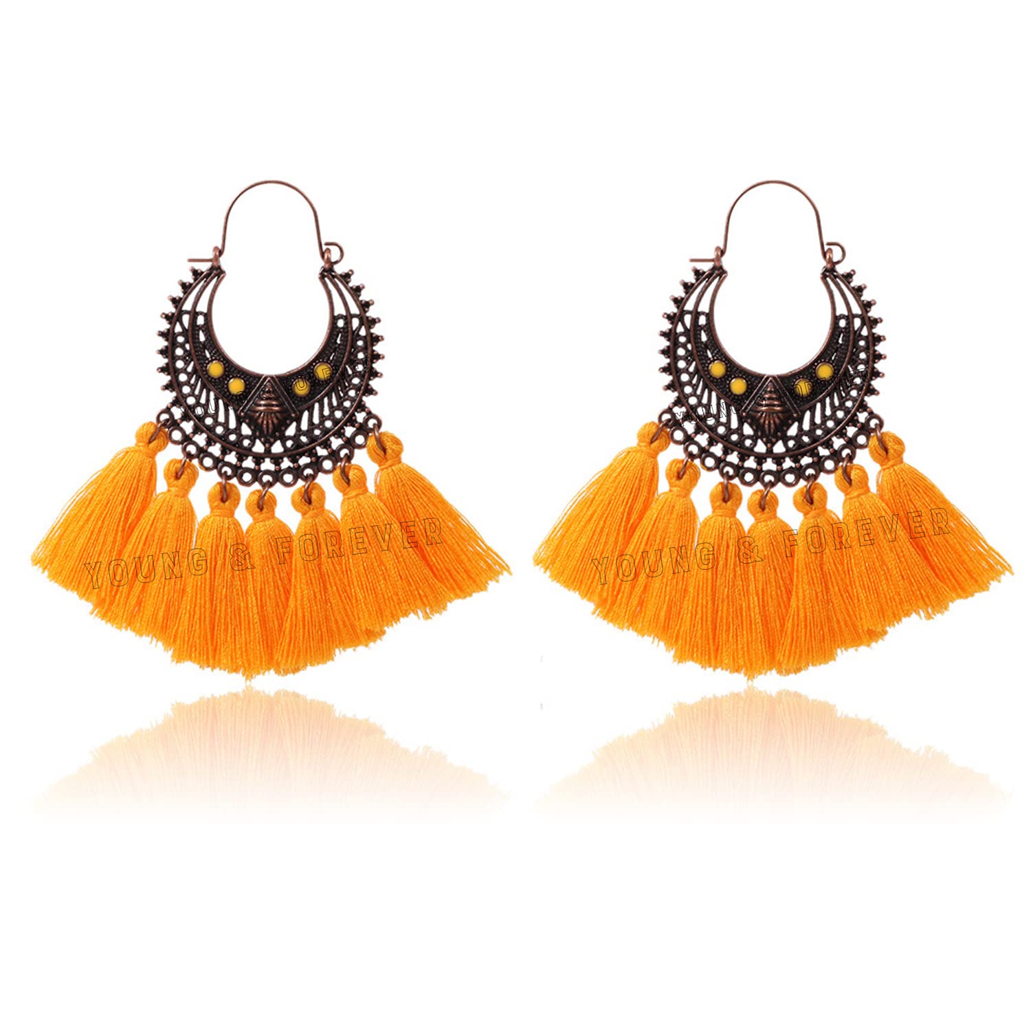 Young & Forever Tribal Jaipur Design Fusion Moonshape Chandbali Tassel Earrings For Girls And Women
