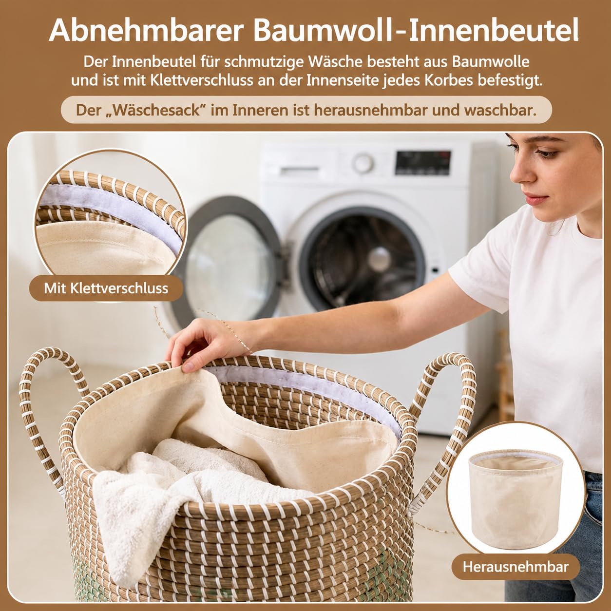 4 Stk Korb und Boxen Set für Aufbewahrung, Handgefertigt Gross 53L+35L,Wäschekorb Geflochten mit Deckel,Innere Beutel und Henkeln aus Seegras,für Wäsche oder Decken in Bad,Spielzeug im Kinderzimmer