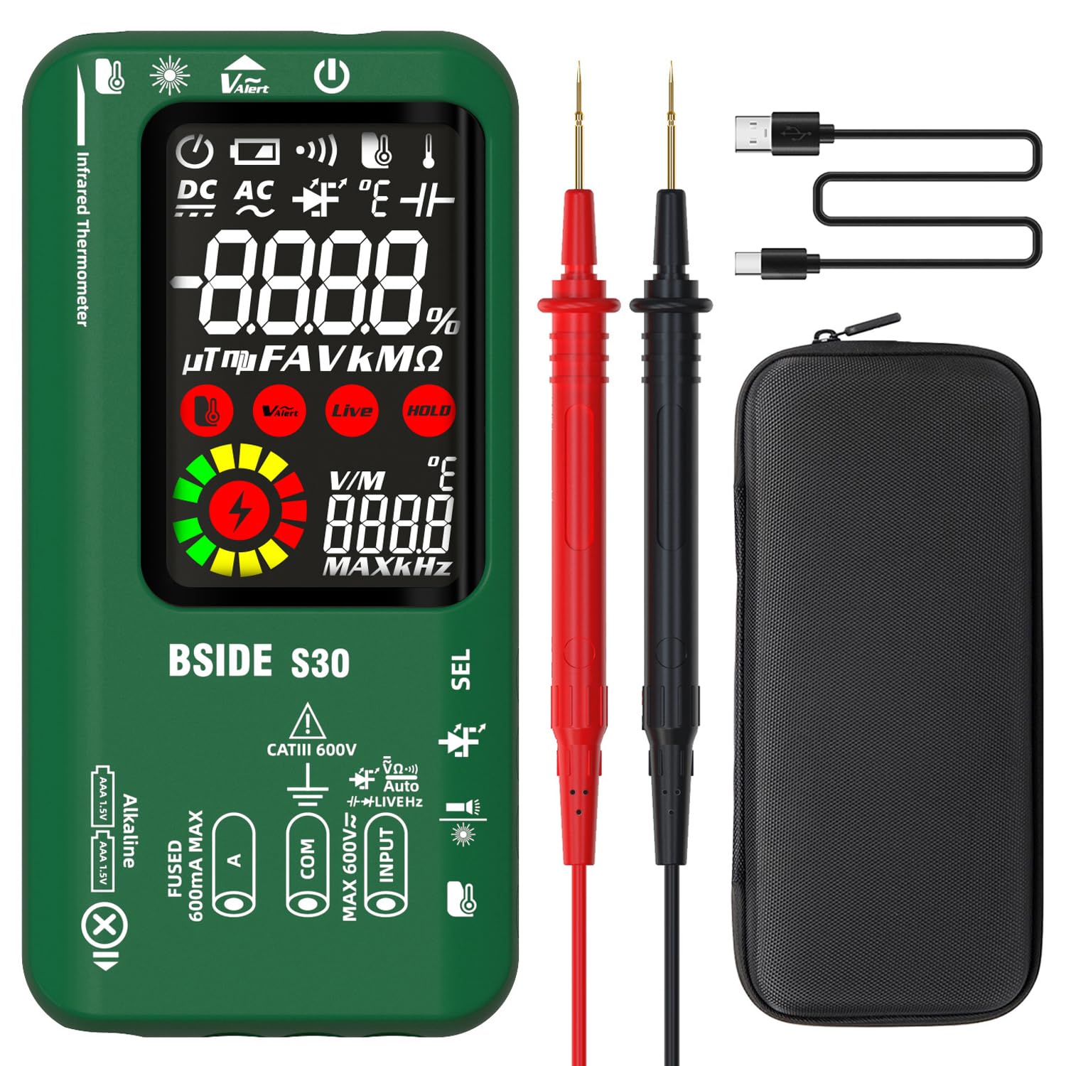 BSIDE Digitales Automatisches Multimeter Infrarot Thermometer Hochspannung Diode LED Tester 9999 Zähler Farb LCD Spannungsprüfer Strommessgerät Kapazität Diode Ohm Messgerät für LED KFZ Elektriker