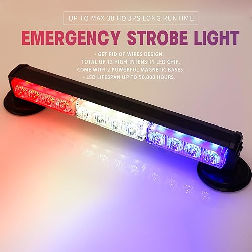 Vista 21 de BooYu Barra de luces estroboscópicas de emergencia de policía roja/azul de 19 pulgadas para camiones/vehículo/coche, mini luz de advertencia de #10