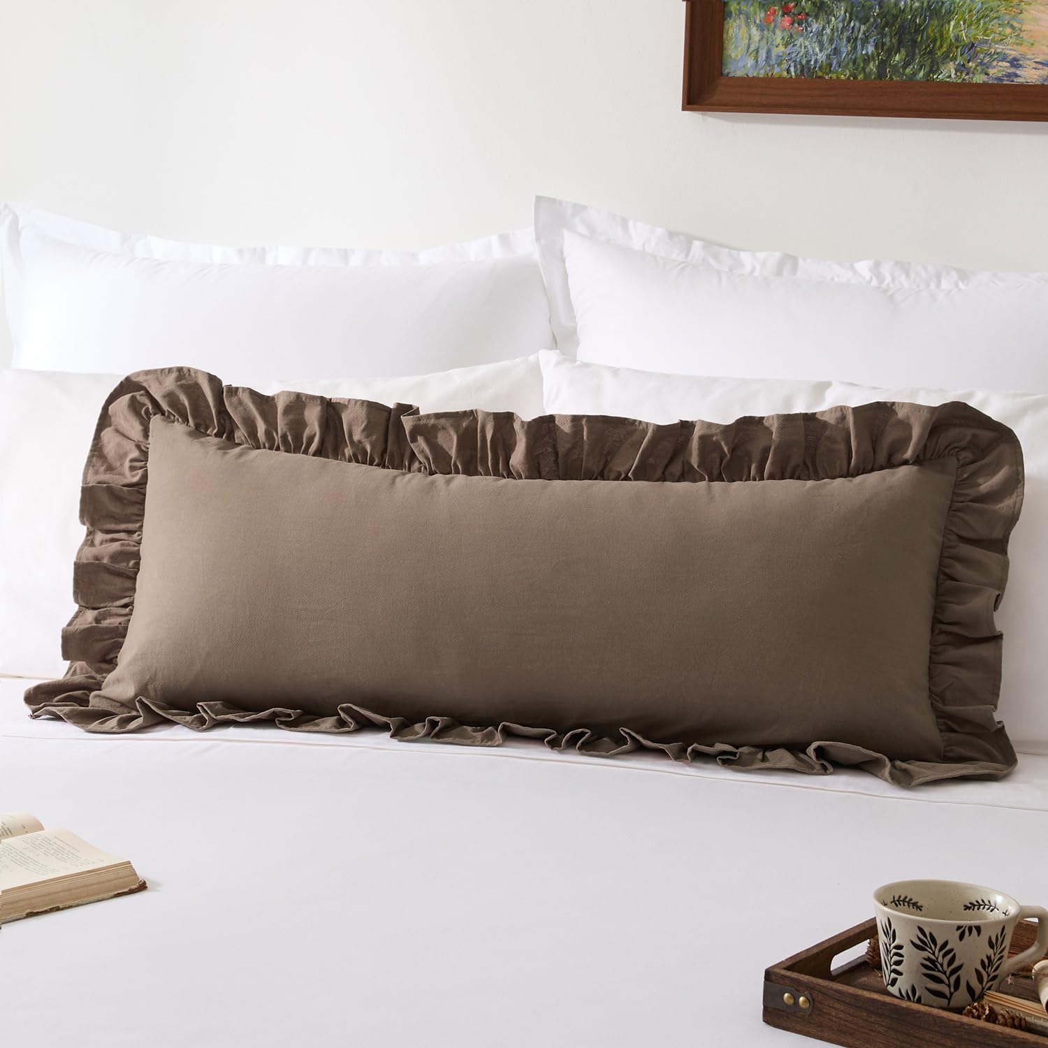 View 1 of 100% Cotton Ruffles 14x36 Inch Long Lumbar Pillow Cover 1 Pack, Taupe