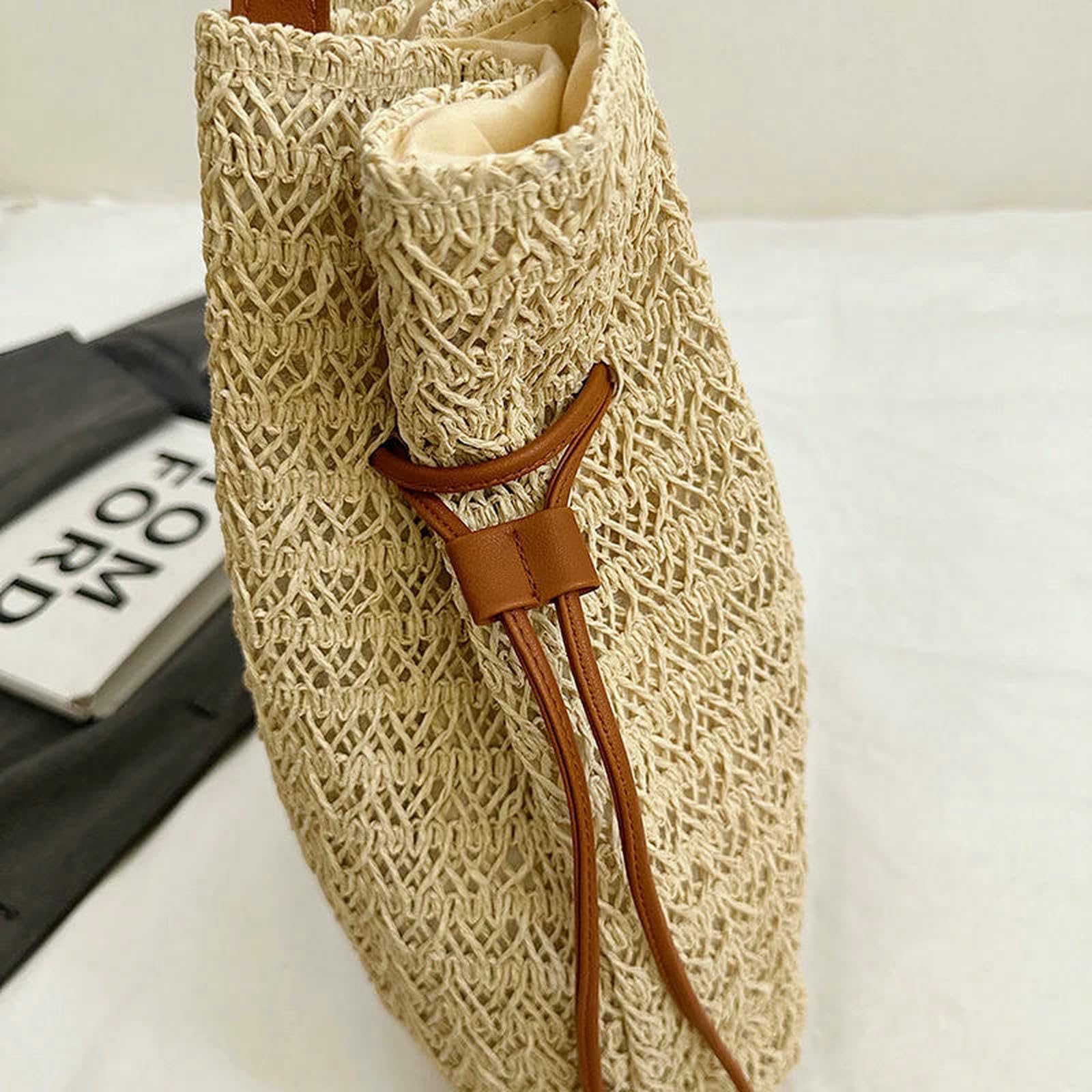 Strohtaschen Damen Shopper Handgewebtes Großer Kapazität Strand Gewebter Korbbeutel Stroh Strickbeutel Gewebt-Khaki