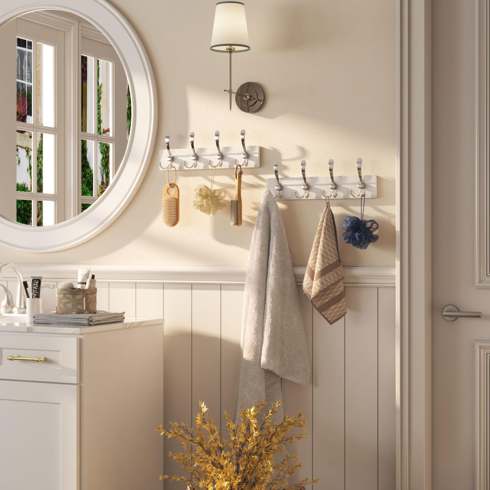 Appendiabiti Da Parete YMYNY 2 Pezzi - 4 Ganci Tripli, 84 Cm - Legno Marrone Rustico Con Cappelliera Per Ingresso E Soggiorno - Foto 6