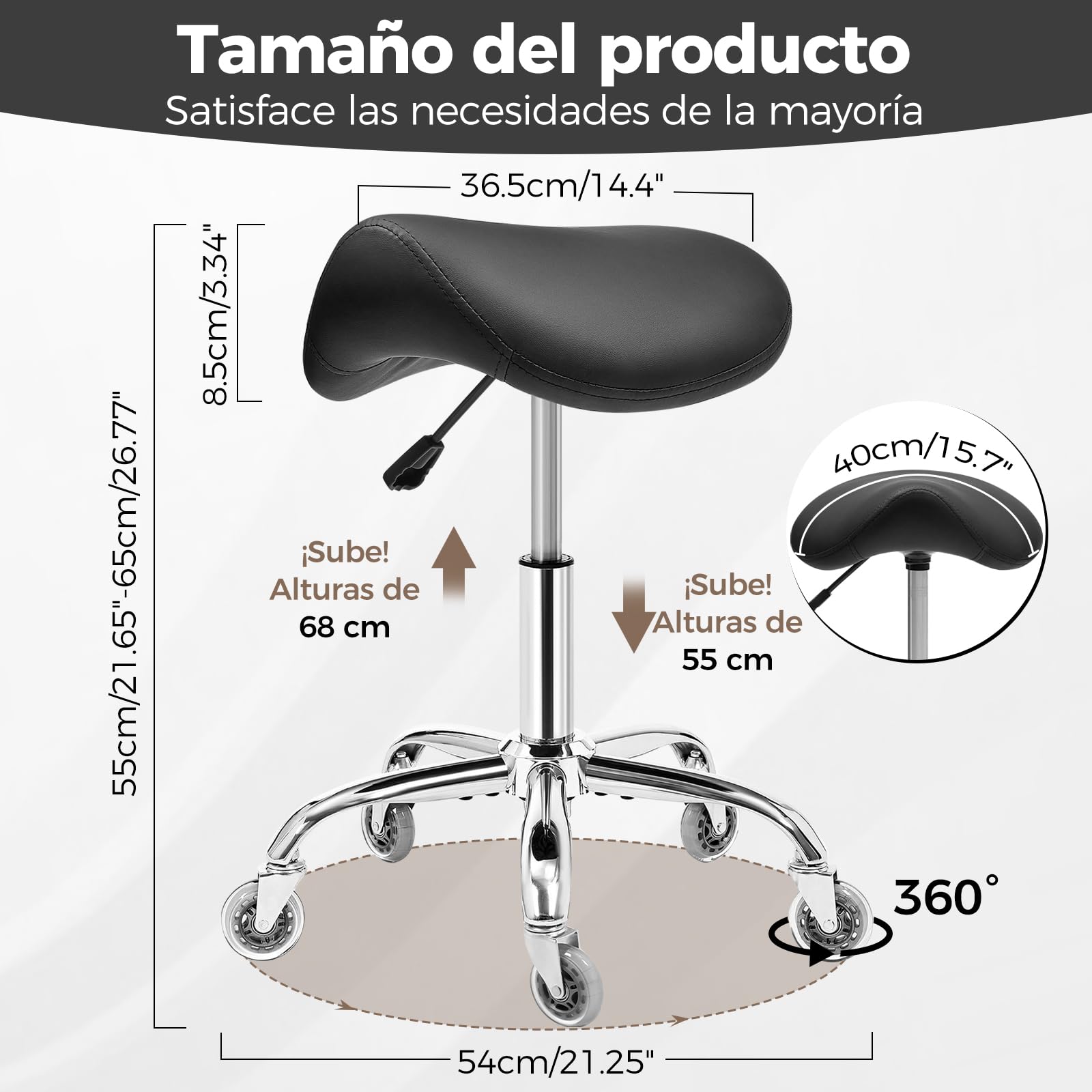 BEWISHOME Taburete Ergonómico de Silla de Montar con Ruedas, Ajuste Hidráulico Altura, Cojín Asiento Más Ancho, Adecuado a Peluquerías, Oficinas, Centros Masajes y Salones Belleza (Negro)