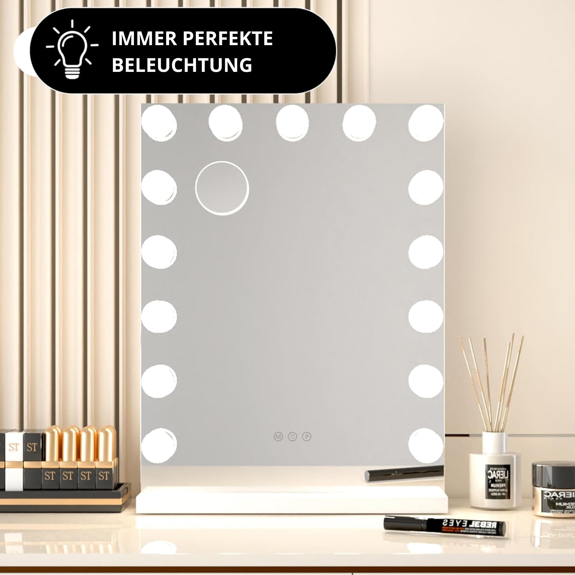 Bayt Hollywood Schminktischspiegel, Kosmetikspiegel, Vanity Table, LED Beleuchtung, 15 Dimmbare lampen, 3 Lichtmodi, Touchscreen, 10x Vergrößerungsspiegel, 60 x 43 cm, Weiß