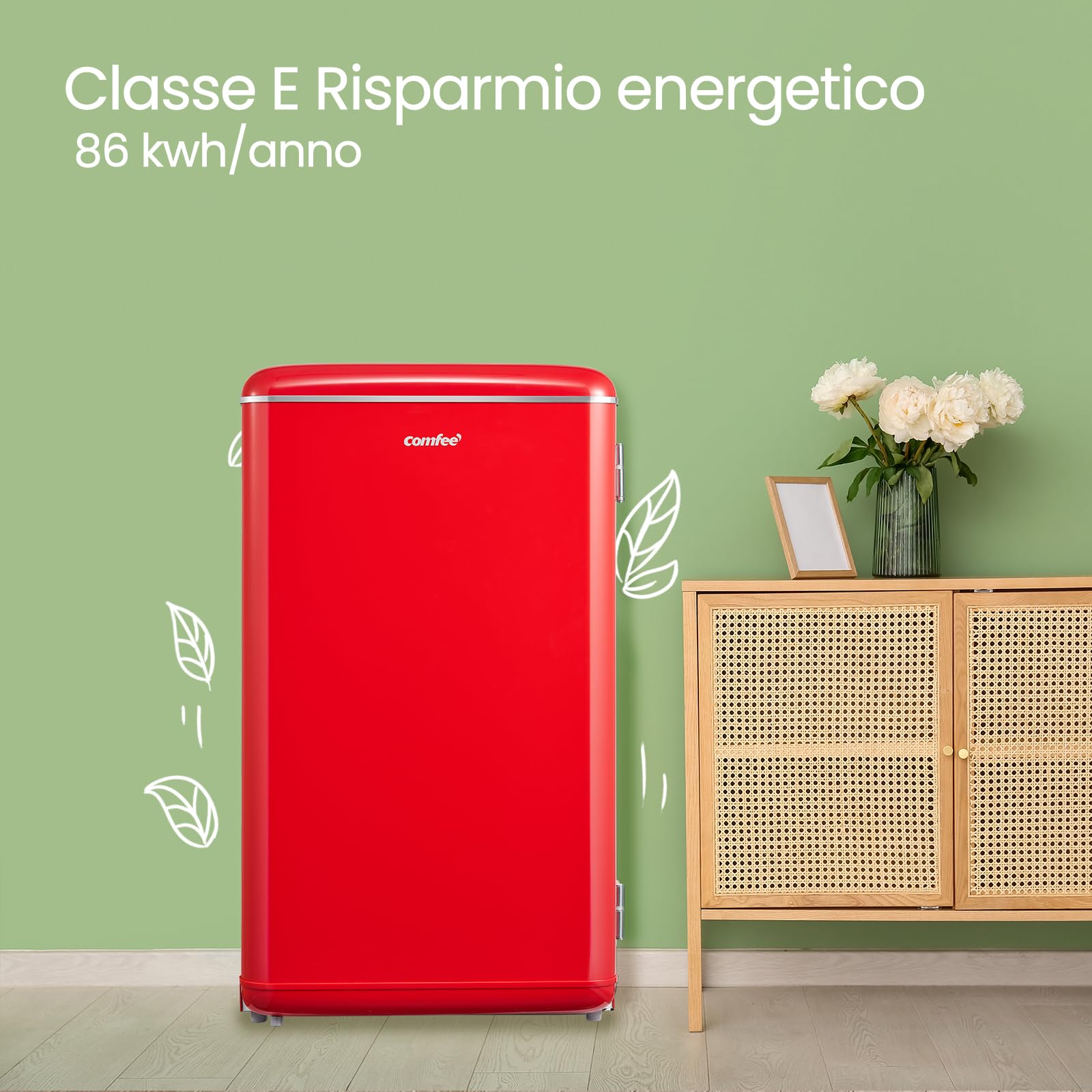 COMFEE' RCD93RE2EURT(E) Frigorifero Monoporta 93L, Design Retrò, Controllo Temperatura Regolabile, Adatto per Casa, Ufficio e Altre Applicazioni Domestiche, Colore Rosso