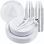 bUCLA 150PCS Christmas White and Silver Plastic Plates for 25 Guests - Include 25 Each (Dinner & Dessert) Plates, 25 Cups, 25 Knives, 25 Forks, 25 Spoons