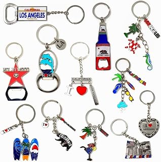 12 Pcs Los Angeles Keychain LA California Metal Keychains, 4 Bottle Openers, I love Los Angeles, Surfboard, Dolphins, Palm Tree, Beer, Hollywood Star, Los Angeles Key Chain Souvenirs, Gifts, Bundle