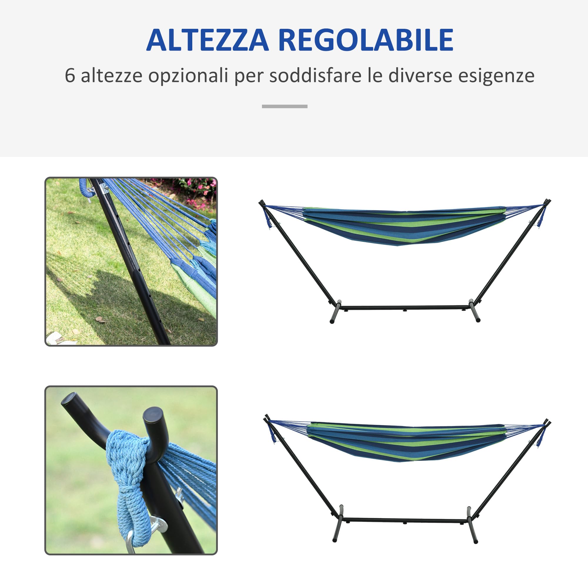 Outsunny Amaca da Giardino Sospesa 310x117 cm con Altezza Regolabile e Supporto, Capacità 120 kg, Amaca Autoportante con Borsa di Trasporto, per Campeggio, Giardino, Balcone, Patio, Verde e Azzurro