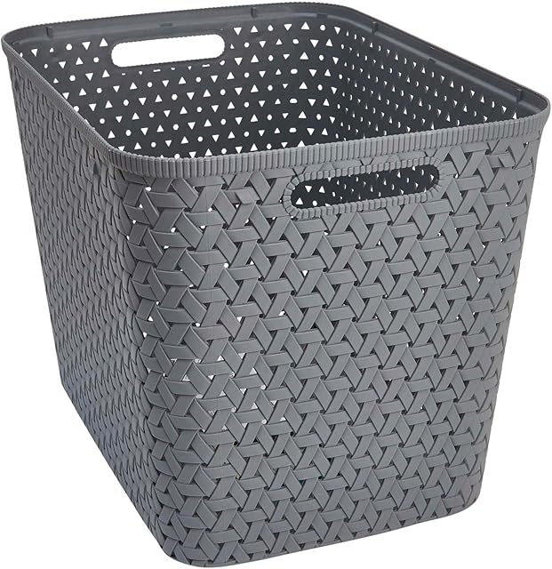 Store & Order Stackable Extra Large Storage Basket - Decorative Plastic Box, Multi-Functional Boxes for around the home, Organiser Baskets for Toy Storage, Bedroom or Living Room - Grey Rattan 28L