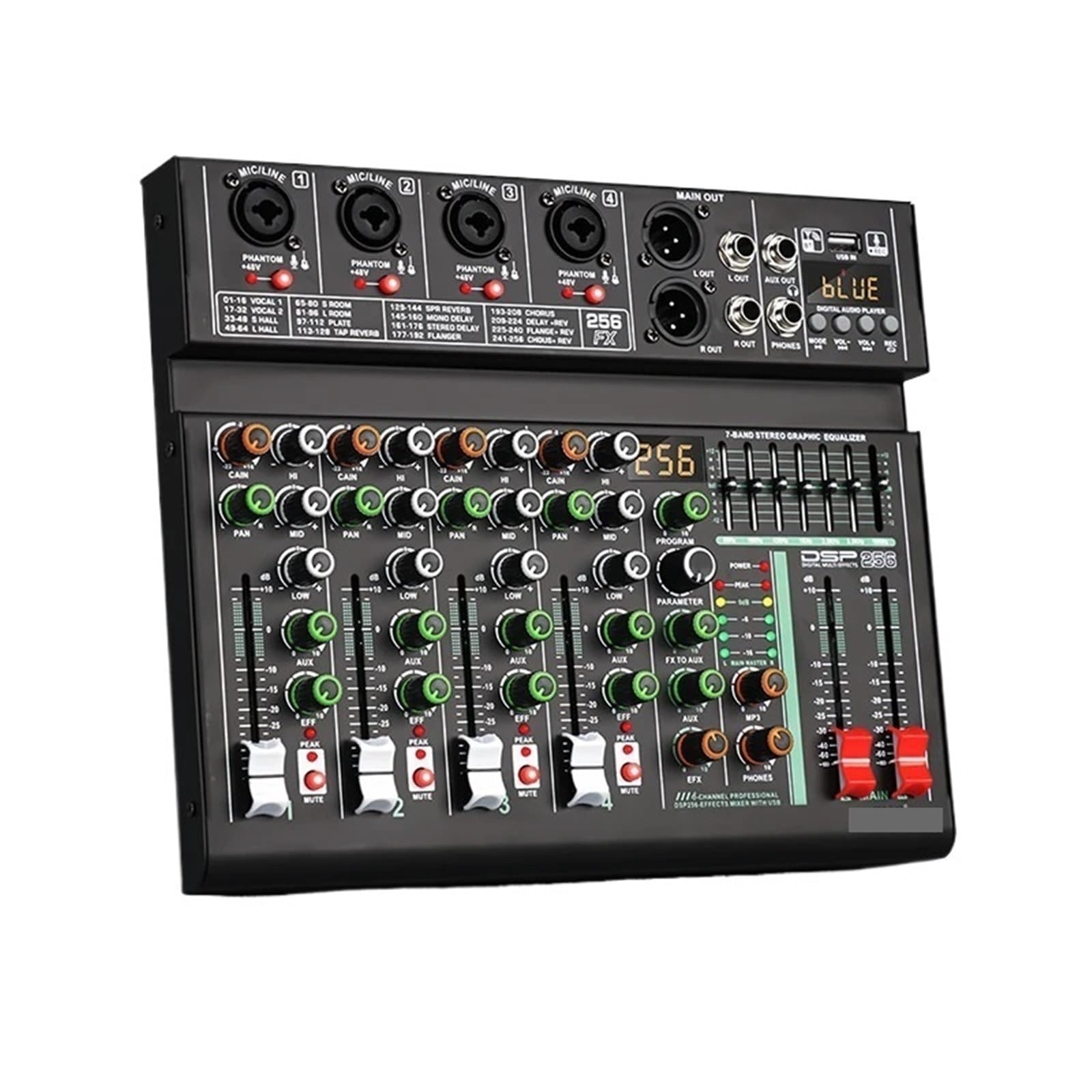 Mixer con effetti DSP a 4 canali, 256 canali, registrazione, PC, alimentazione Phantom a 48 V, mixer USB, console DJ Bluetooth, mixaggio
