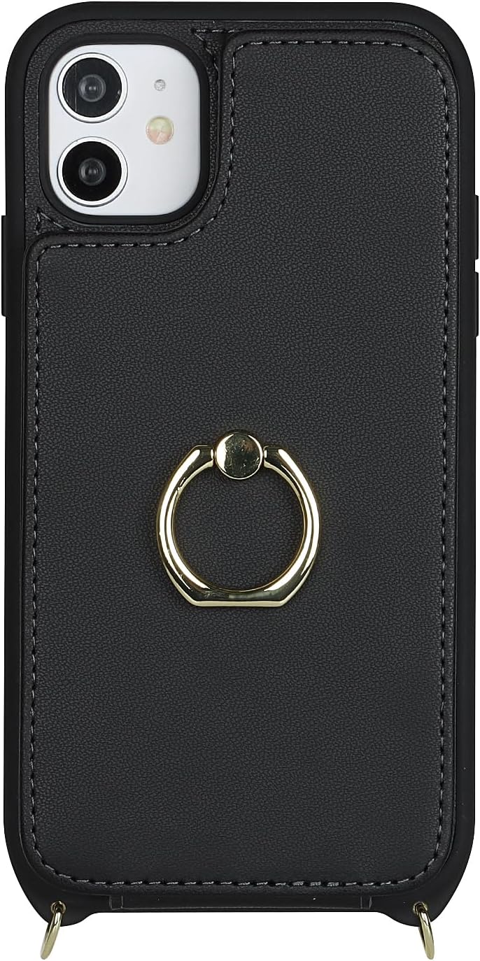 for iPhone 11 Phone Case with Card Holder and Strap for Women,Crossbody Lanyard,Kickstand Ring Stand,Snap Clasp,Phone Wallet Cases 6.1 inch(Black) - Image 8