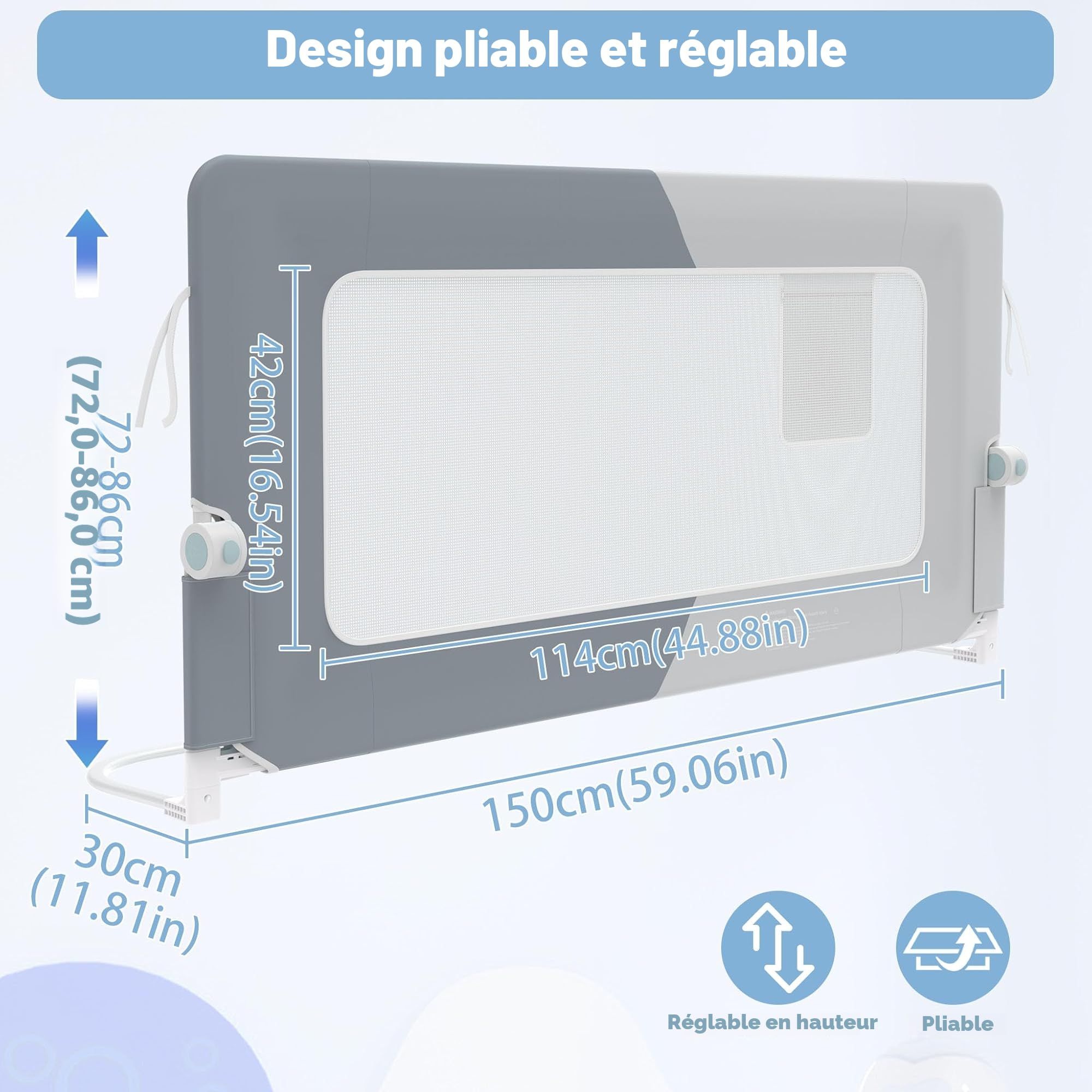 Barrière de lit rabattable protection anti-chute pour enfant 150 cm Gris foncé Gris clair