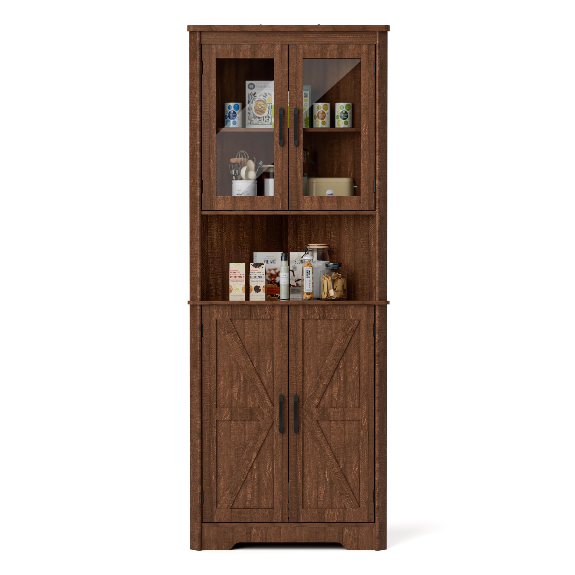 BonVache Armario de esquina alto y estrecho para el baño con 2 puertas y 5 estantes, armario de almacenamiento para cocina, dormitorio, sala de estar, estante de esquina de 170 cm, marrón