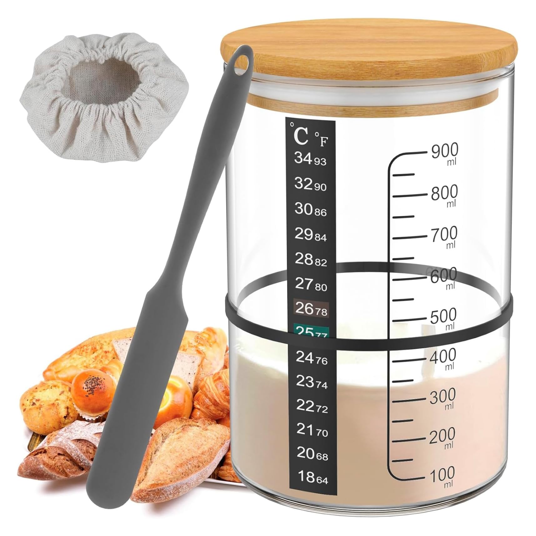 Kit iniziale per lievito naturale, barattolo iniziale per lievito naturale in vetro da 900 ml, contenitore a bocca larga, barattolo in vetro riutilizzabile con coperchio, termometro, raschietto