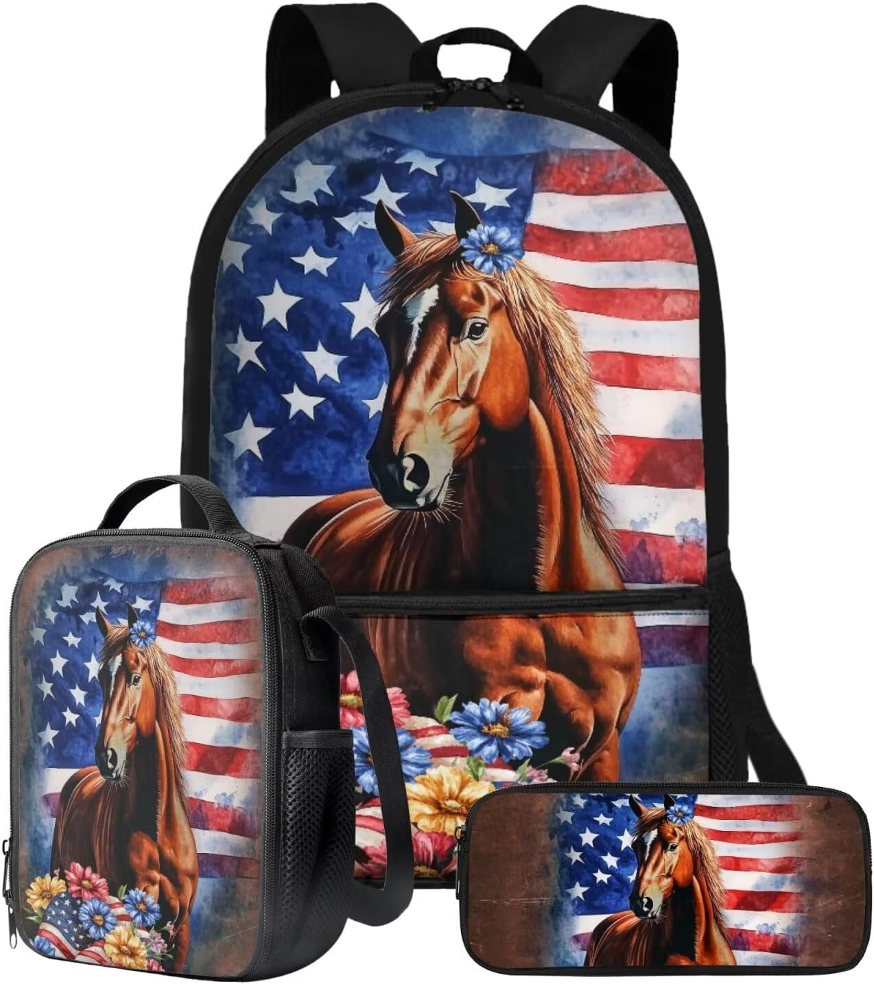 Talayituse Tractor American Flag Pattern School Backpack for Teens Girls Boys, 3-in-1 Kids Backpack Bookbag Set School Bags with Lunch Box Pencil Case