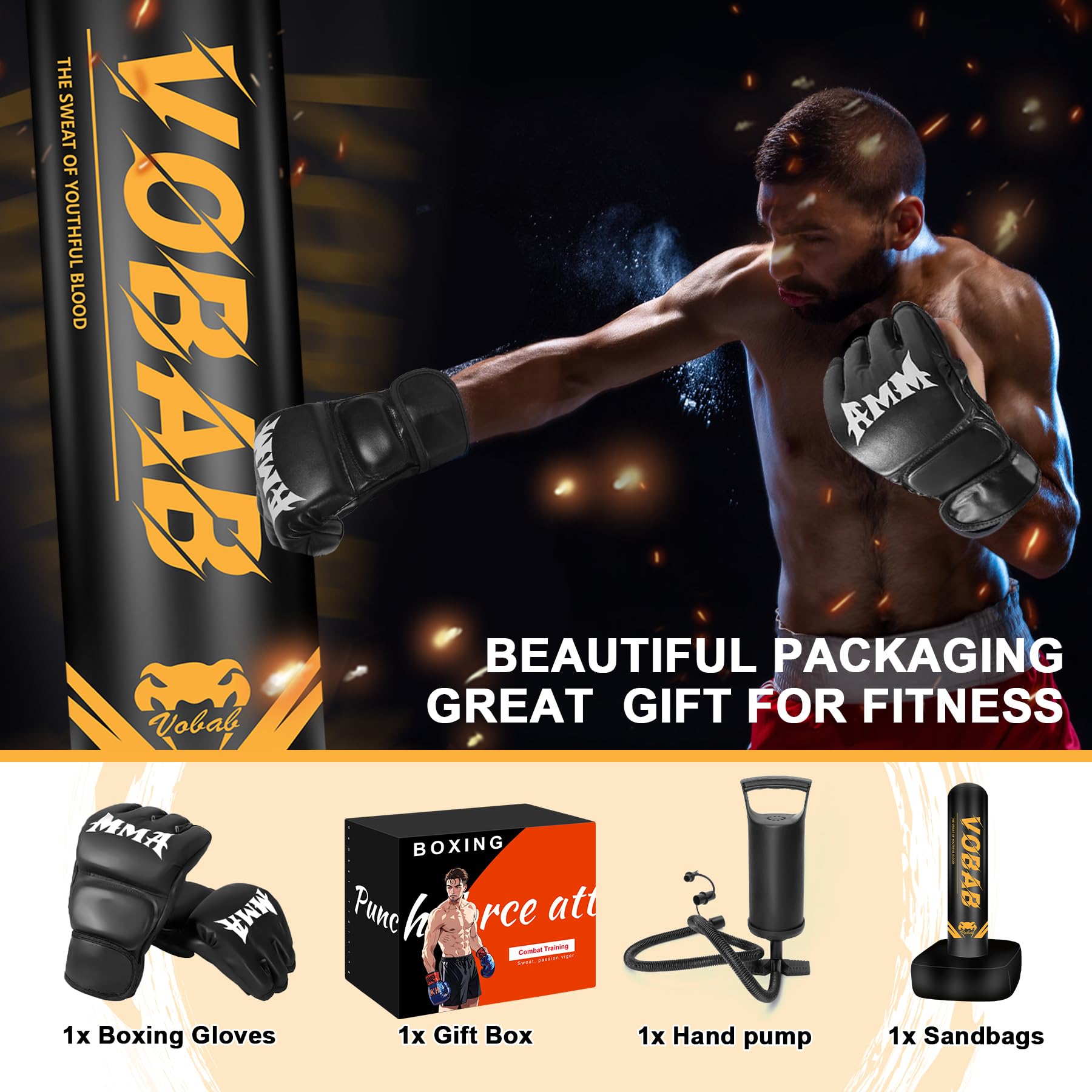 Boxeo pesado con base cuadrada, saco de boxeo, guantes de boxeo, bomba, caja de regalo premium para gimnasio en casa, MMA, fitness, saco de boxeo inflable para hombres