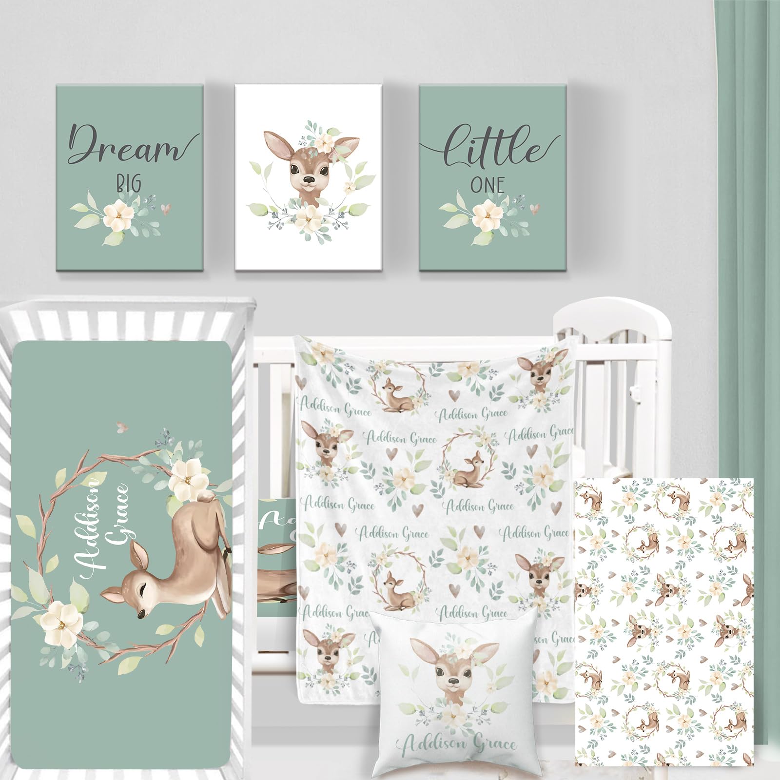 Custom Baby Crib Bedding Set - Comfortable 5 Piece Crib Set Cartoon Animals Design - Personalized Name Blanket, Crib Sheet, Changing Pad Cover, Pillowcase, Wall Art, Nursery Decor for Newborns Style C