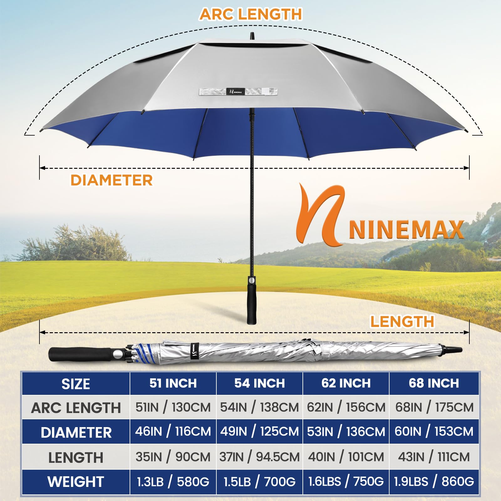 NINEAMX Ombrello Pioggia Grande Da Sole, XL Ombrello Golf Grande Anti UV Spf 50+, UV Protection Umbrella Grandi Da Pioggia Automatico Antivento Robusto per Uomo Donna (Argento/Blu)