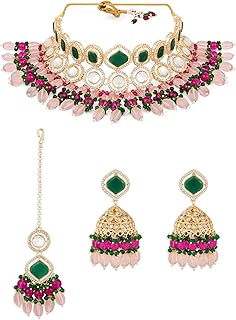 ZAVERI PEARLS Pink Green Stones Beads Austrian Diamonds Choker Necklace Earring & Maangtikka Set For Women-ZPFK18237 Price In India