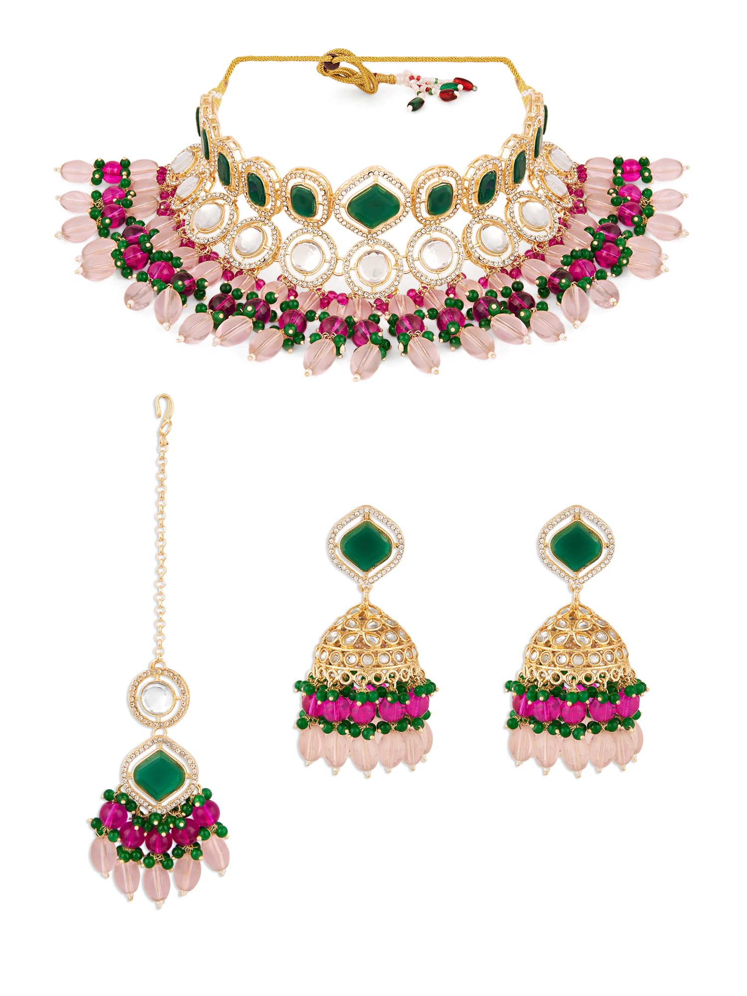 Pink Green Stones Beads Austrian Diamonds Choker Necklace Earring & Maangtikka Set For Women-ZPFK18237