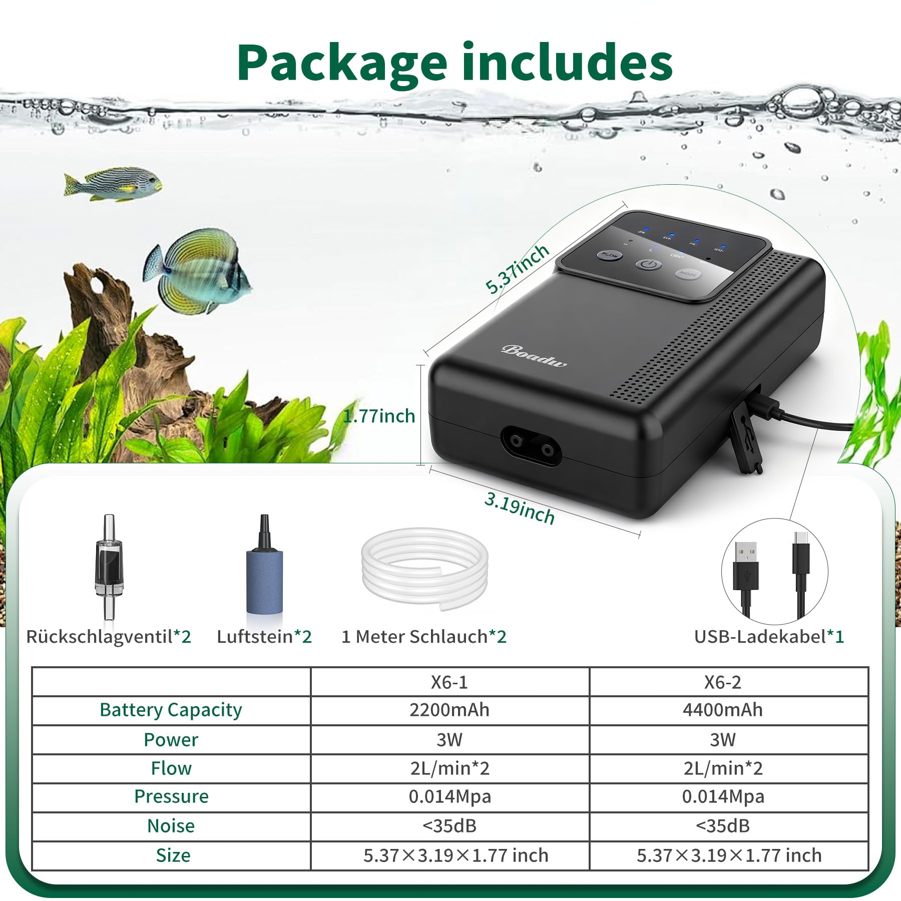 Pompe à air pour Aquarium - Pompe à oxygène Rechargeable avec Batterie de 2200 mAh ou 4400 mAh - pour la pêche en Plein air et Les coupures de Courant - Mini Accessoire d'aquarium avec Pierre à