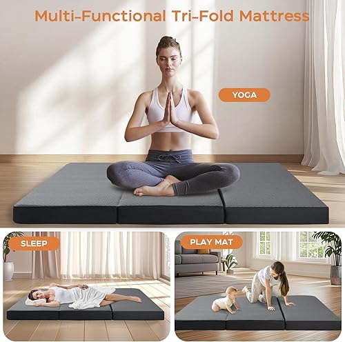 Miniatura 7 de Colchón triple plegable tamaño matrimonial, mango triple de espuma viscoelástica y parte inferior antideslizante, silla plegable portátil para sofá