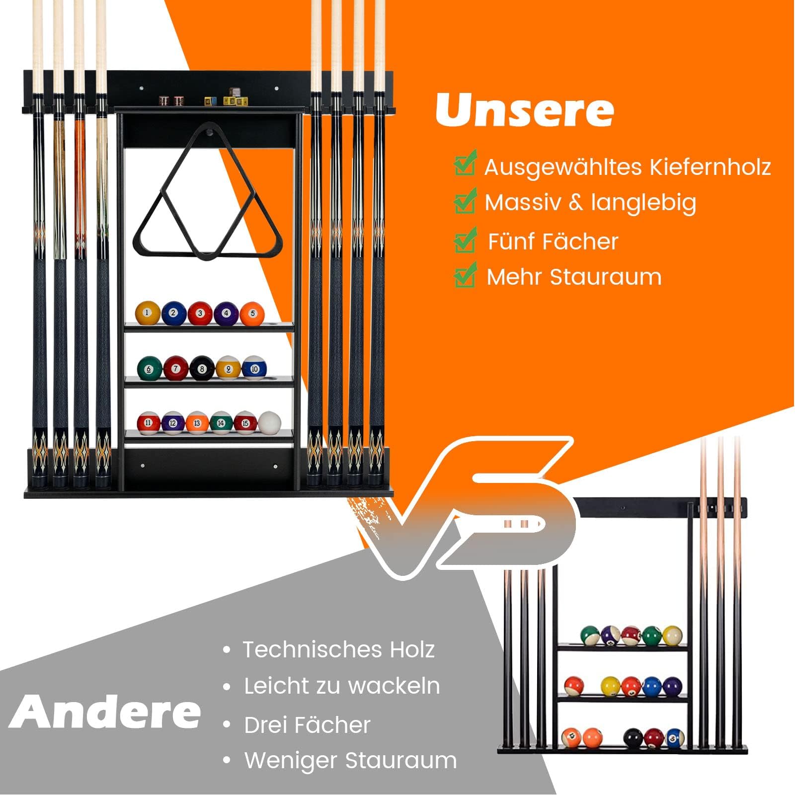 FANTASK Billard Queue Halter für 8 Queues & Billardzubehör, Billardständer Wandmontage, 3-stufig Billardqueueständer für Bars Clubs Spielzimmer (Schwarz)