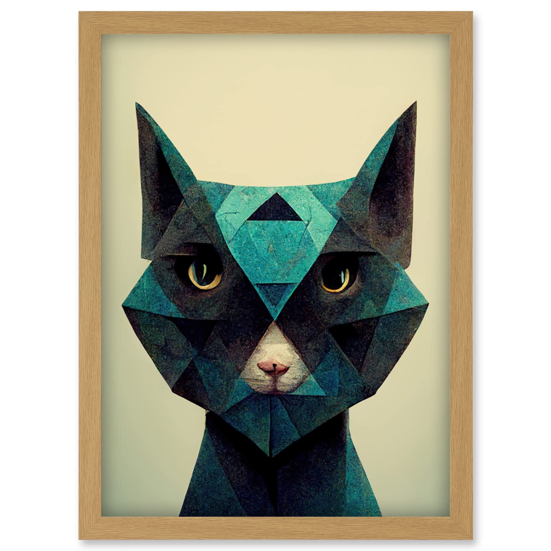 Doppelganger33 LTD Fun Geometric Teal Cat Artwork Framed Wall Art Print A4