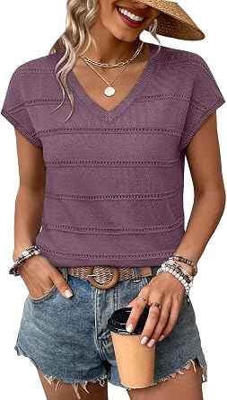 WIHOLL Short Sleeve Sweater for Women V Neck Trendy Summer Tops 2026 Spring Fashion Clothing Business Casual Outfits
