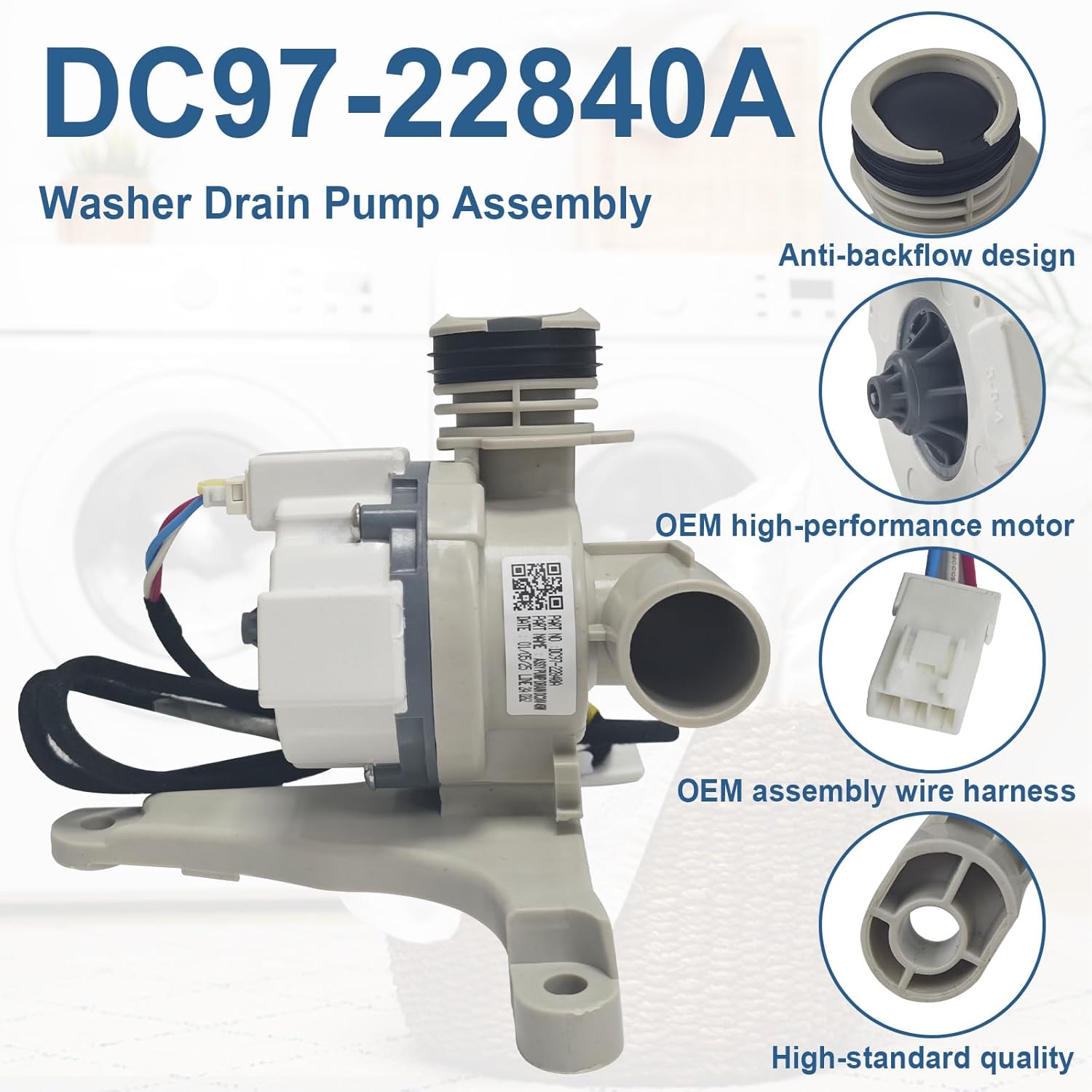 DC97-22840A, DC31-00201A Drain Pump Assembly Replacement for Samsung-PD00077665 AP7187712 PS16735612 EAP16735612 HanyuBD11-1A DC3100201A Washing Machines DC24V 45W